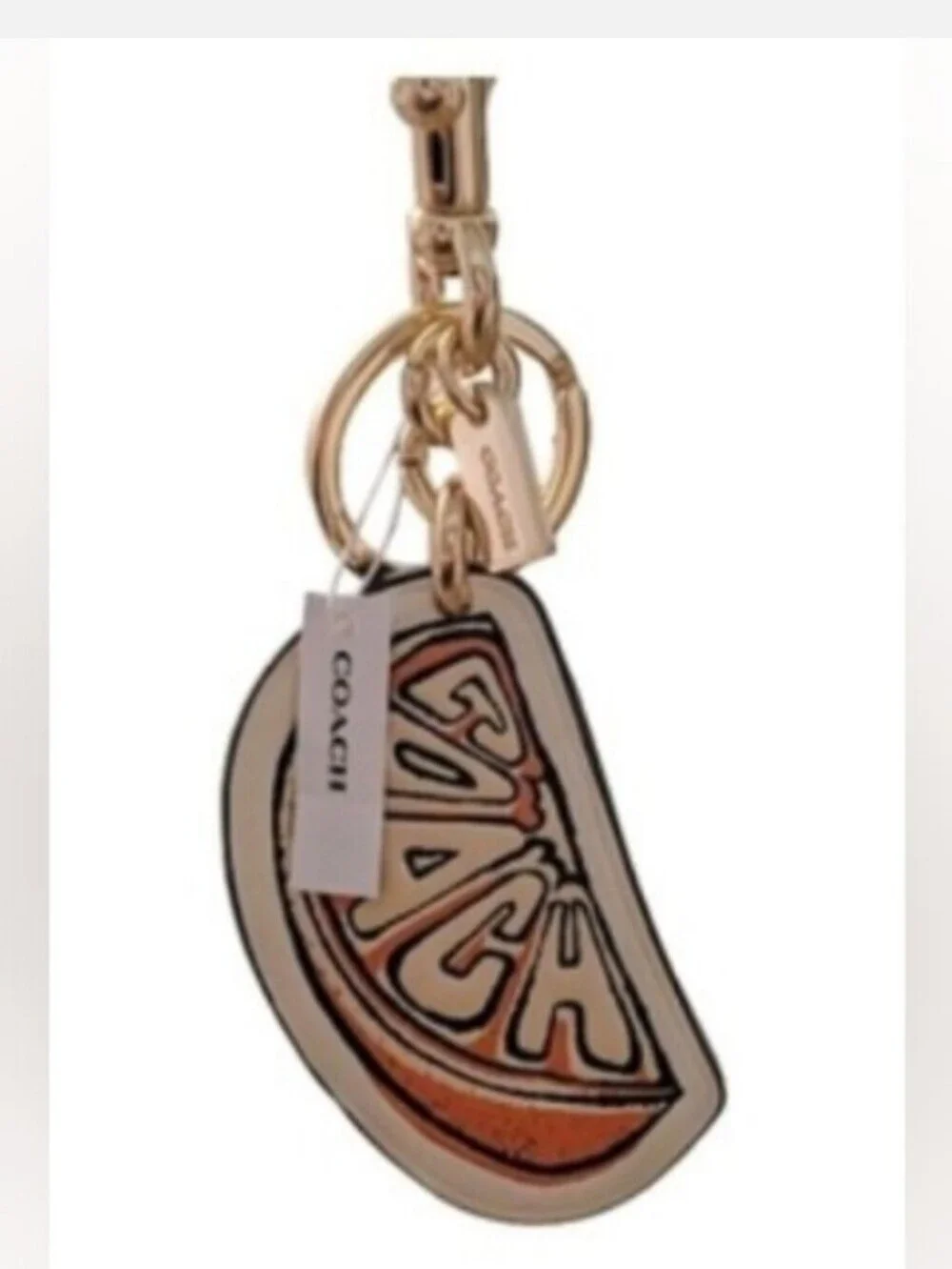 NWT NEW Coach Leather Orange Bag Charm Keychain in Gold/Chalk Multi